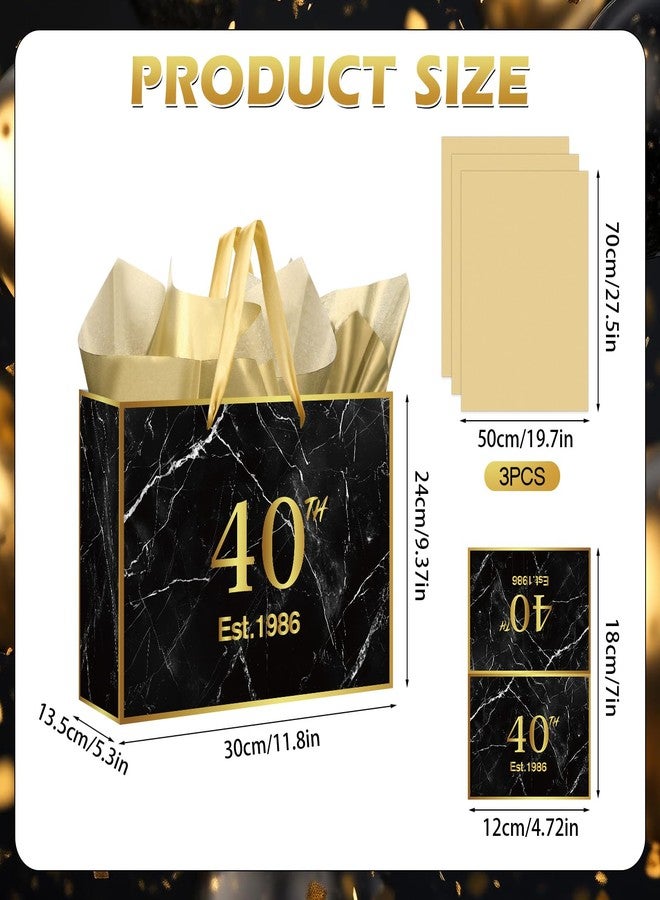 Yoirrat Black Gold 40th Birthday Gift Bag with Wrapping Tissue Paper & Card Large Est. 1986 Marble Gift Bag for Men Women 40 Year Old Bday Party Supplies Favors for Dad Husband Brother - Image 3